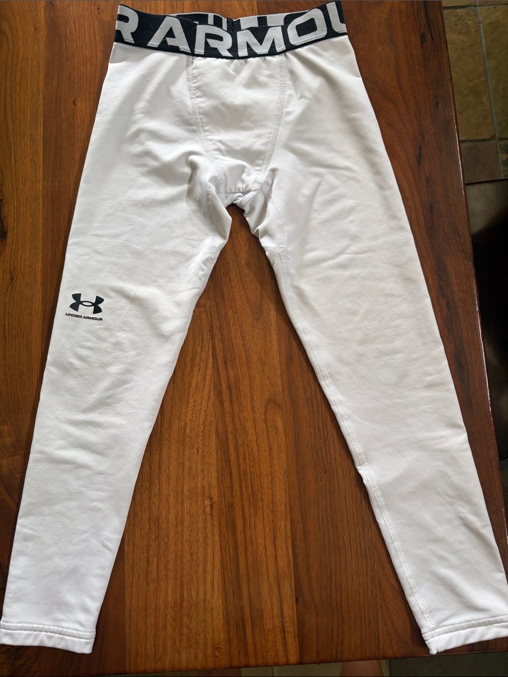 Under Armour White Kids Compression Leggings with Black Logo Waistband